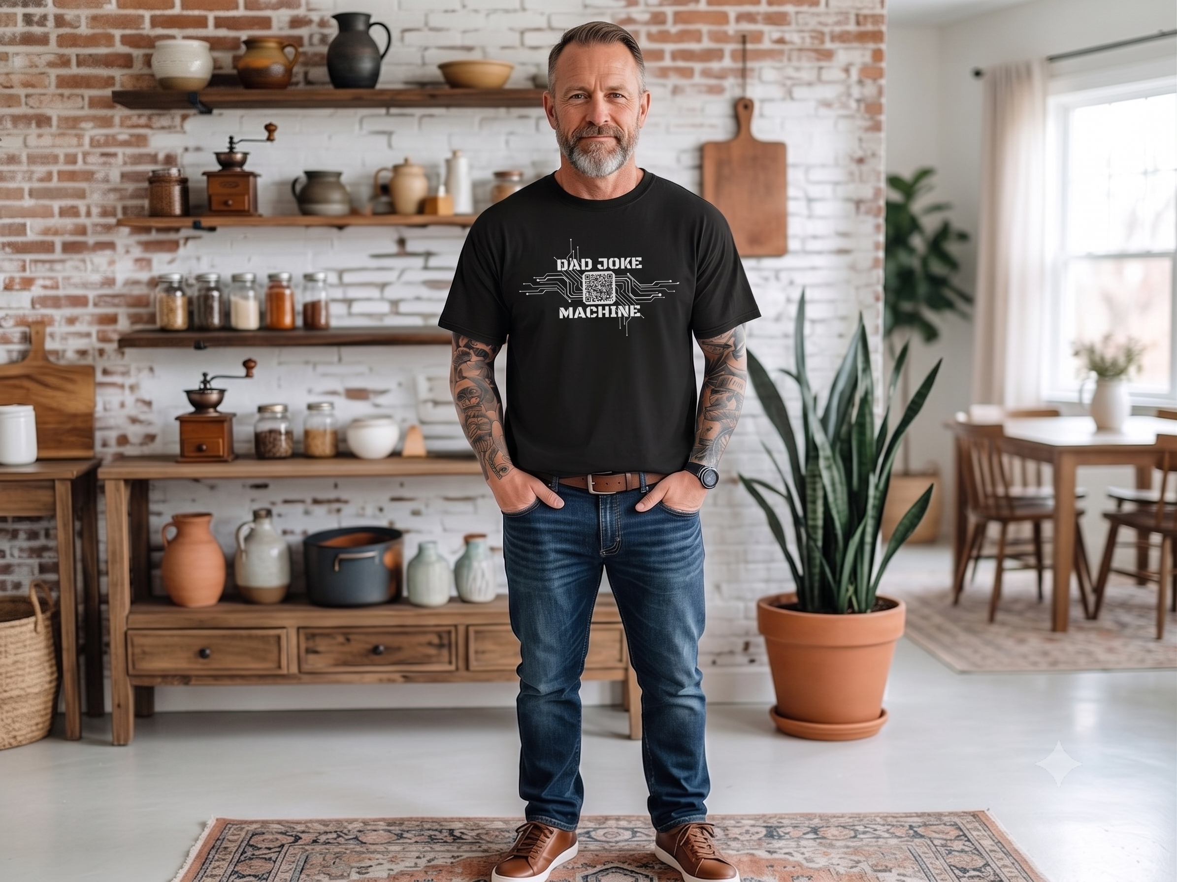 Man wearing the Dad Joke Machine shirt
